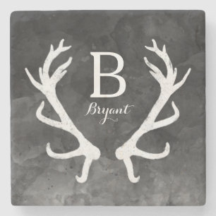 Black Watercolor and Rustic Deer Antlers Monogram Stone Coaster