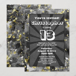 Black Watercolor Art Teen Boys Birthday Party Invi Invitation