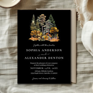 Black Watercolor Autumn Pine Forest Wedding Invitation