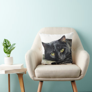 Black Watercolor Cat On White Cushion