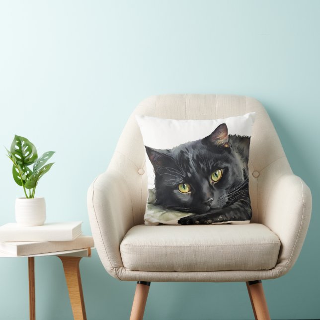 Black Watercolor Cat On White Cushion (Chair)