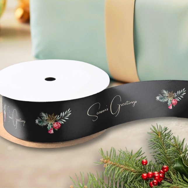 Black Watercolor Christmas Bells Snowflakes Satin Ribbon (Creator Uploaded)