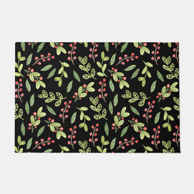 Black Watercolor Christmas Mistletoe Pattern Doormat (Front)