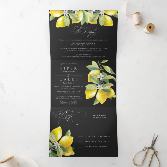 Black Watercolor Citrus Lemon Blossom Wedding Tri-Fold Invitation (Inside)