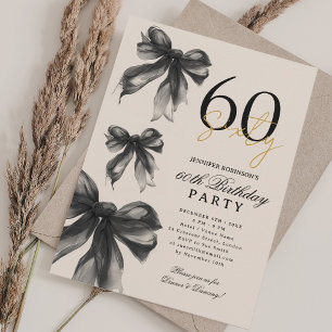 Black Watercolor Coquette Bow 60th Birthday Beige Invitation