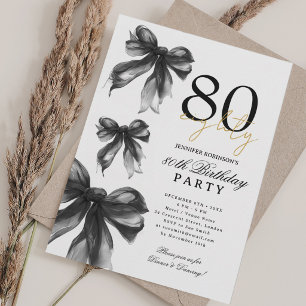 Black Watercolor Coquette Bow 80th Birthday Party Invitation