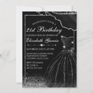 Black Watercolor Dress & Glam Edge 21st Birthday Invitation
