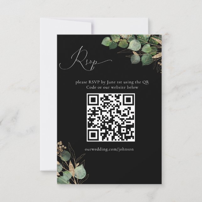  Black Watercolor Eucalyptus QR Code Response Card (Front)