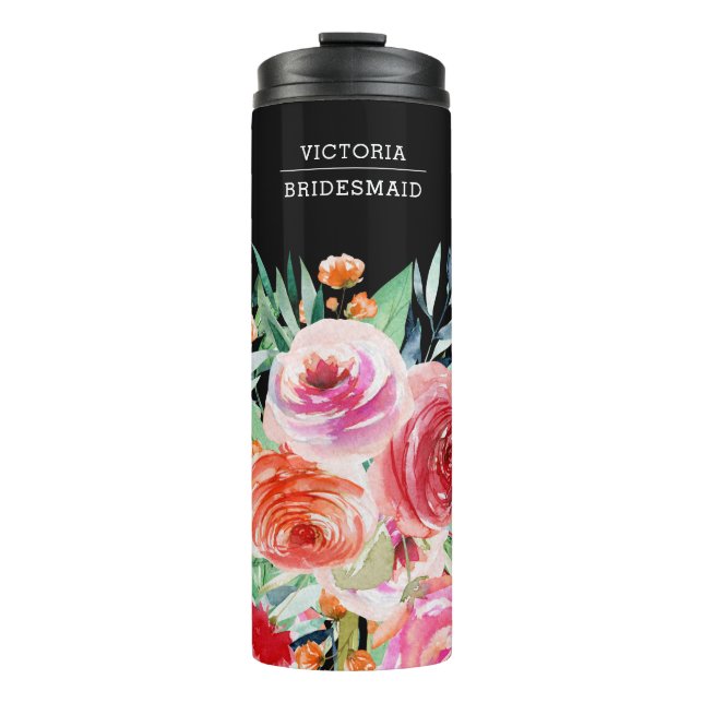 Black Watercolor Floral Custom Bridesmaid Name Thermal Tumbler (Front)
