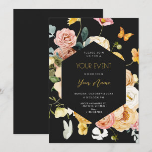 Black Watercolor floral elegant Invitation