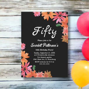 Black Watercolor Floral Roses Fall 50th Birthday Invitation