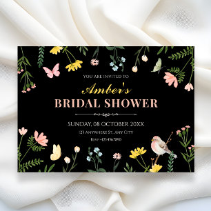 Black Watercolor floral spring bridal shower Invitation