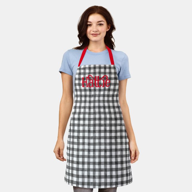 Black Watercolor Gingham Personalised Apron (Worn)