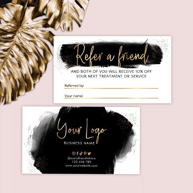 Black Watercolor Gold Glitter Beauty Referral Card (Creator Uploaded)