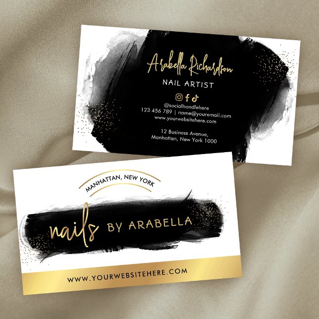Black Watercolor Gold Glitter Manicure Nail Artist Business Card (Black watercolor and faux gold nail tech business cards design)