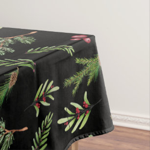 Black Watercolor Greenery Christmas Leaves Tablecloth