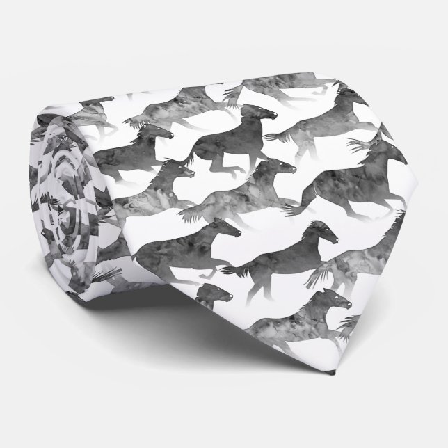 Black Watercolor Horses Tie (Rolled)
