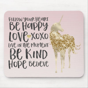 Black Watercolor Inspirational Gold Unicorn Mouse Pad