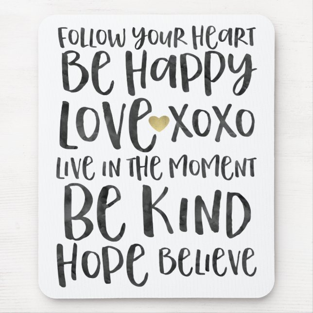 Black Watercolor Inspirational Words Gold Heart Mouse Pad (Front)