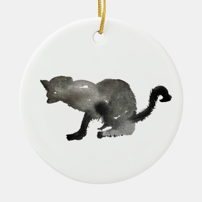 Black watercolor kool kitty cat ceramic ornament (Front)