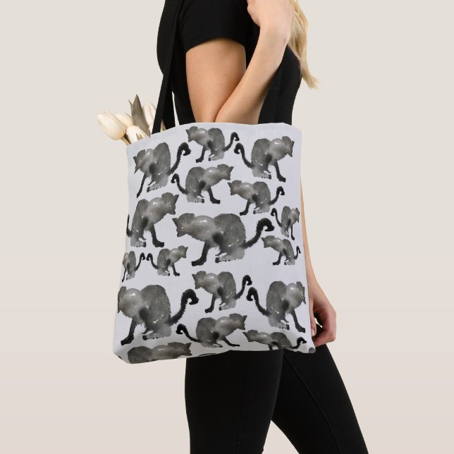 Black watercolor kool kitty cat tote bag (Close Up)