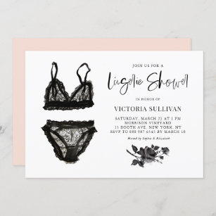 Black Watercolor Lace Lingerie Bridal Shower Invitation
