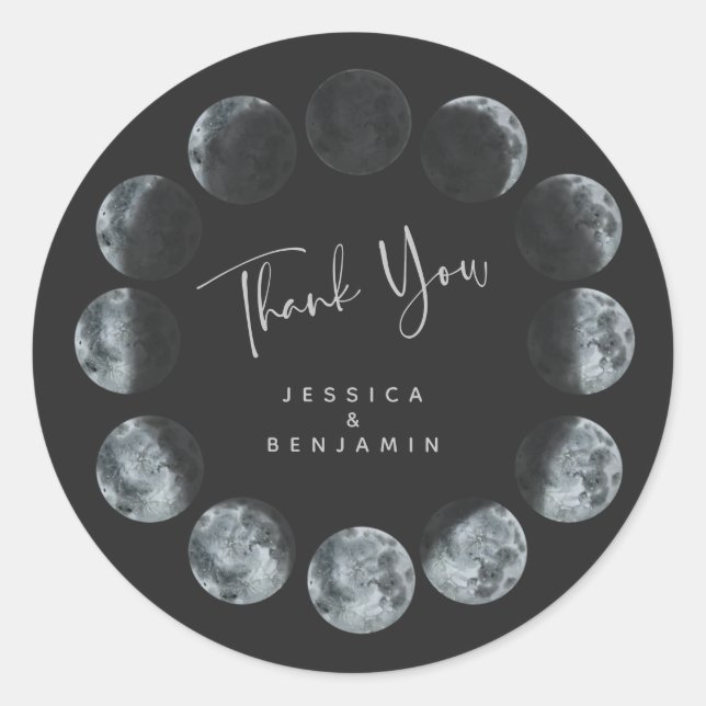 Black Watercolor Moon Phases Custom Wedding Classic Round Sticker (Front)