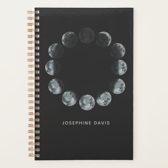 Black Watercolor Moon Phases Personalised Planner (Front)
