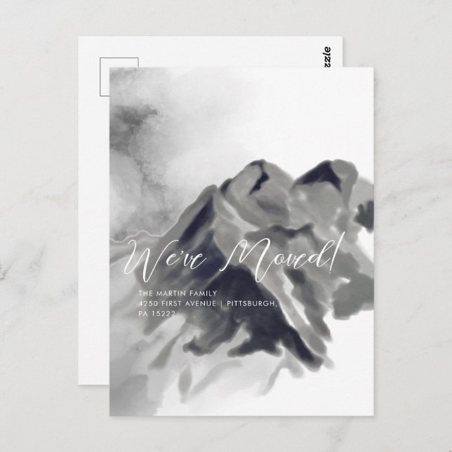 Black Watercolor Mountains Moving Announcement Postcard (Front/Back)