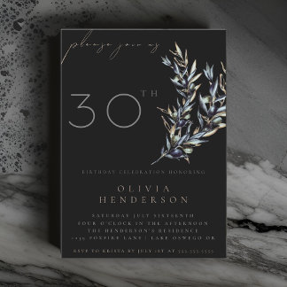 Black Watercolor Olive Branch Birthday Invitation