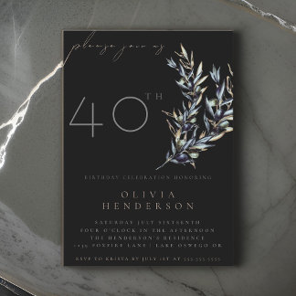 Black Watercolor Olive Branch Birthday Invitation