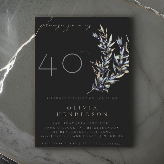 Black Watercolor Olive Branch Birthday Invitation (Creator Uploaded)