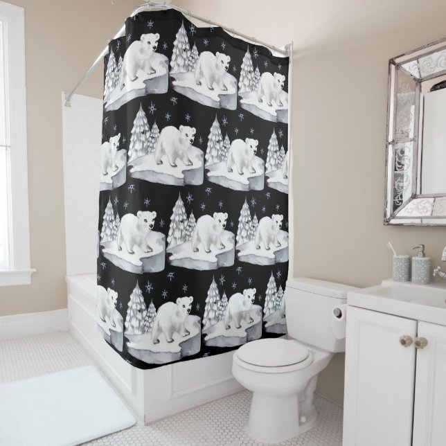 Black Watercolor Polar Bear Pine Trees Snowflakes Shower Curtain (In Situ)