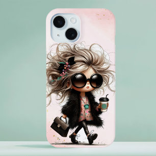 Black Watercolor Quirky Urban Girl Coffee Run iPhone 15 Case