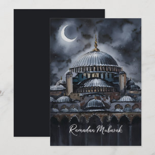 Black Watercolor Ramadan Mubarak Mosque moon sky Holiday Card