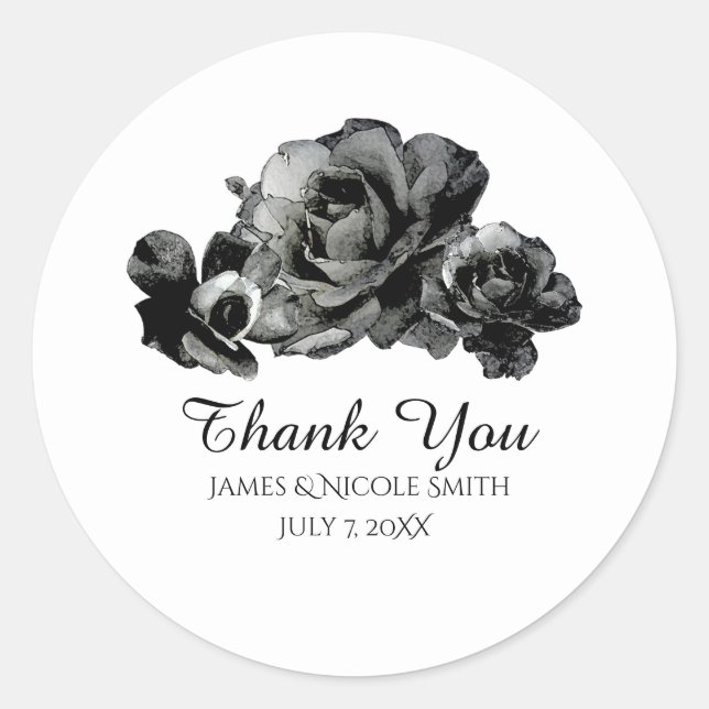 Black Watercolor Roses Elegant Wedding Favour Classic Round Sticker (Front)