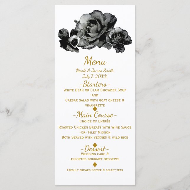 Black Watercolor Roses Elegant Wedding Menu (Front)