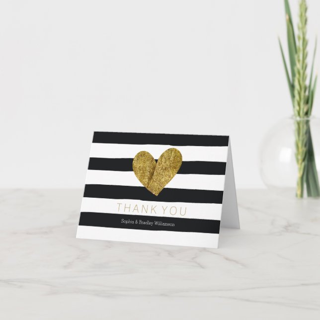 Black Watercolor Stripes Gold Heart Thank you Card (Front)