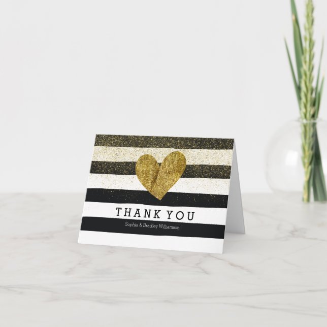 Black Watercolor Stripes Gold Heart Thank you Card (Front)