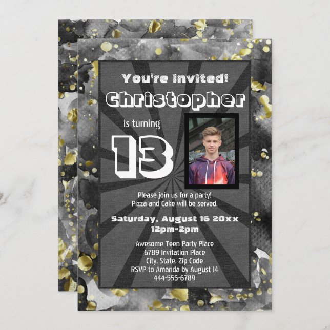 Black Watercolor Teen Boys Birthday Party Photo In Invitation (Front/Back)