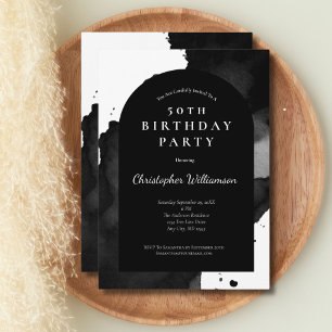 Black Watercolor Wash Modern Arch 50th Birthday Invitation