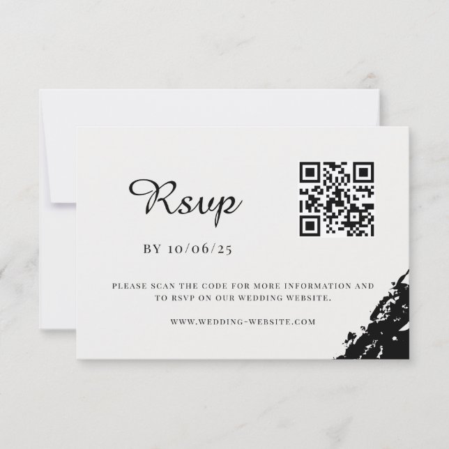 Black Watercolor Wedding QR Code RSVP Card (Front)