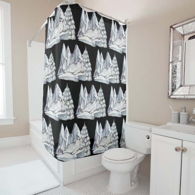 Black Watercolor Winter wonderland Seal Snowflakes Shower Curtain (In Situ)