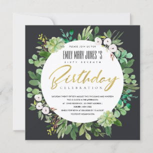 BLACK WATERCOLOR WREATH FOLIAGE ANY AGE BIRTHDAY INVITATION