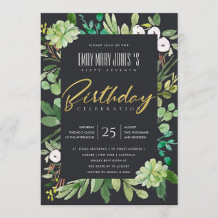 BLACK WATERCOLOR WREATH FOLIAGE ANY AGE BIRTHDAY INVITATION