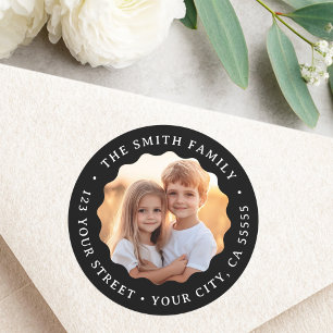 Black wavy border custom photo return address classic round sticker