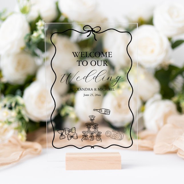 Black Wavy Whimsical Italian Doodle Wedding Acrylic Sign (Creator Uploaded)