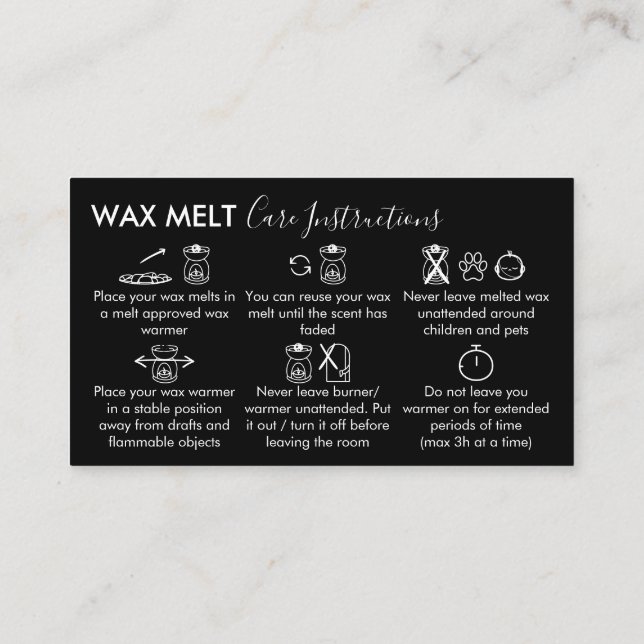Black Wax Melt Care Instructions Business Card (Back)