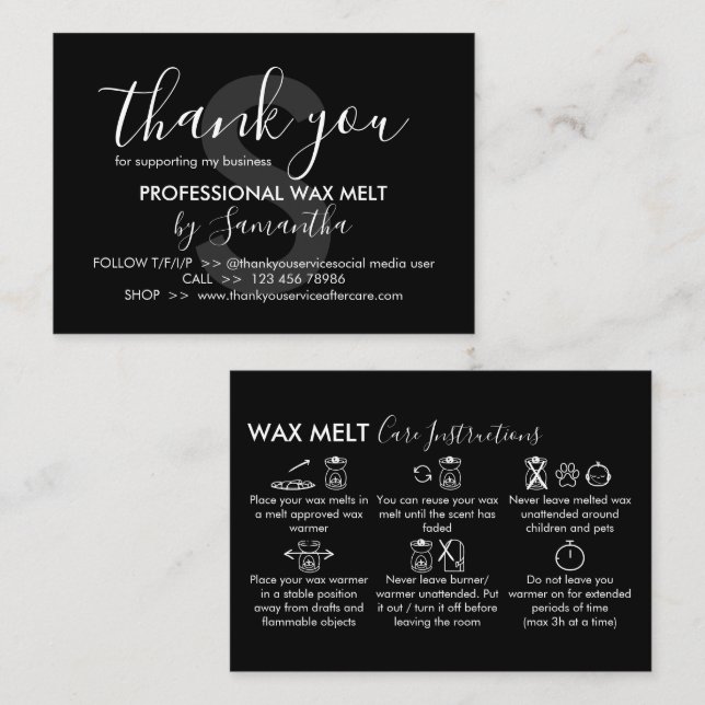 Black Wax Melt Care Instructions Thank You Business Card (Front/Back)