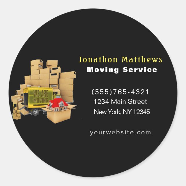 Black We Are Moving Boxes Packing Company Service Classic Round Sticker (Front)